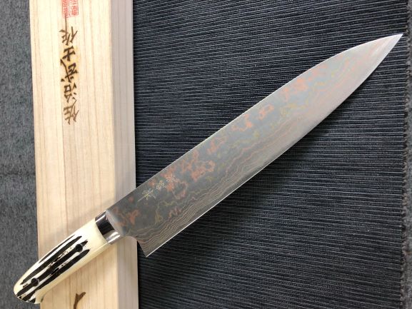 日本佐治武士 鹿角柄青紙多層鋼 (有色）牛刀