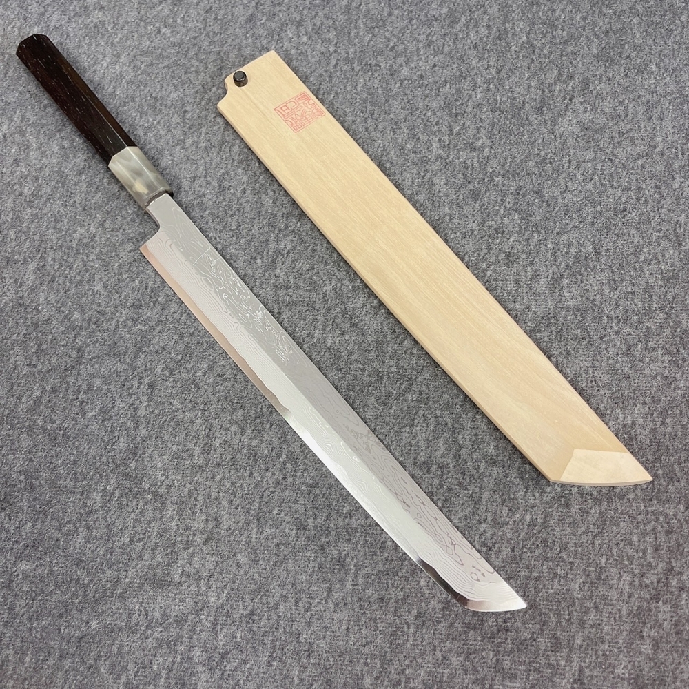 鄉右馬允義弘～ 青一墨流し 先丸蛸引270mm　 黒檀八角柄/朴鞘付属