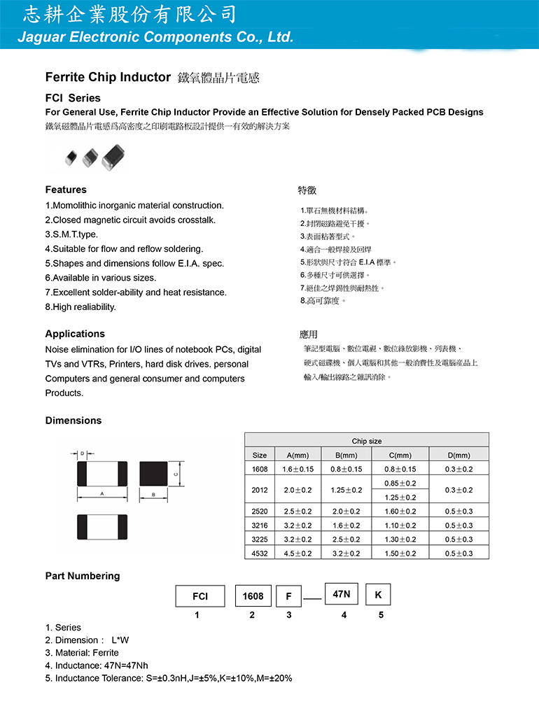 氧體晶片電感適合高密度之印刷電路板設計FCI系列