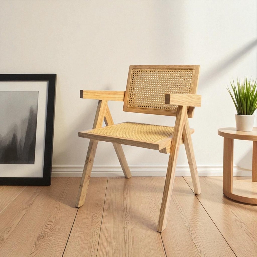 原木色實木藤編椅