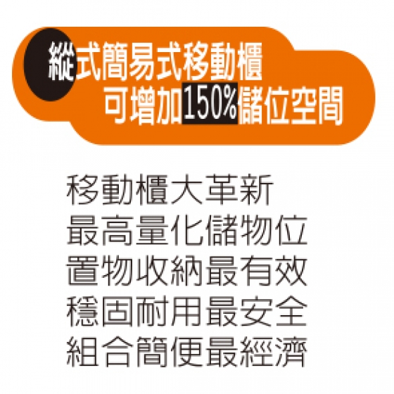 縱式簡易式移動櫃可增加150%儲位空間