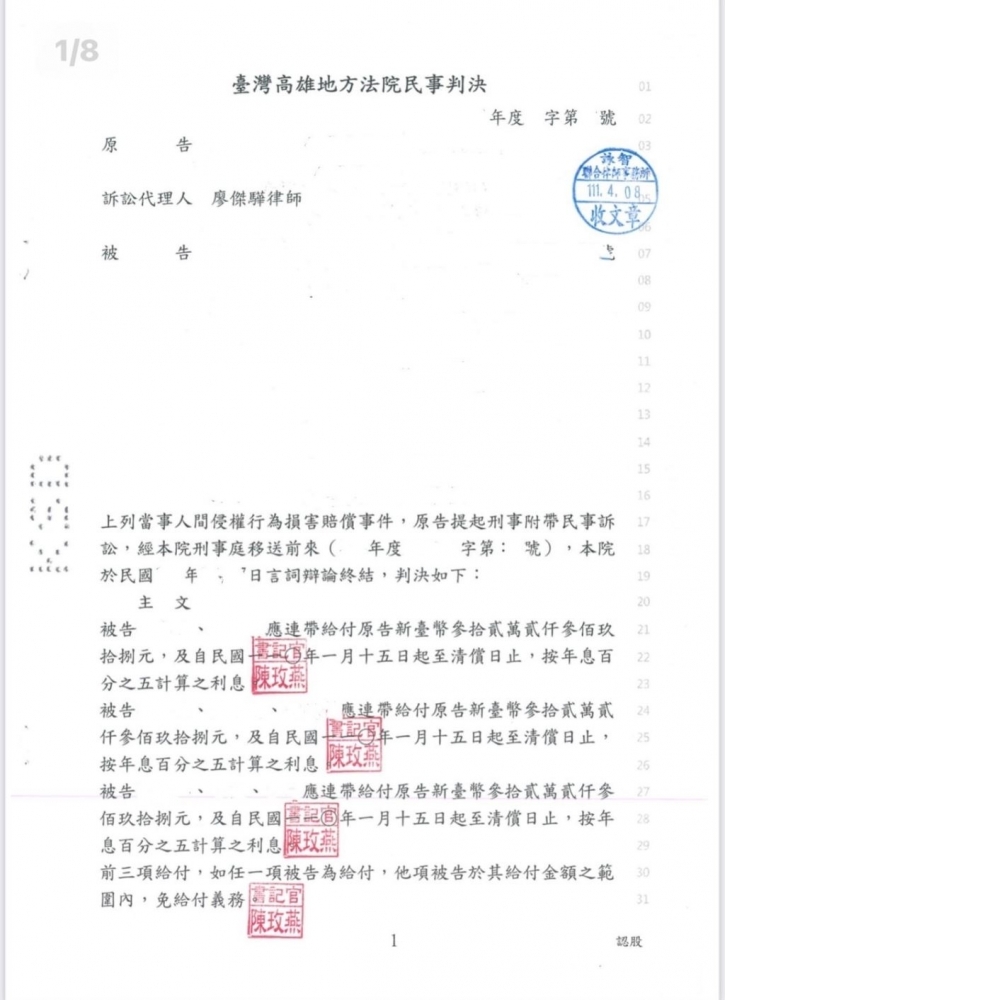 【勝訴】被告於行為時尚未滿二十歲，為限制行為能力人，法定代理人依民法第187條第1項前段之規定，自應與被告負連帶賠償責任！