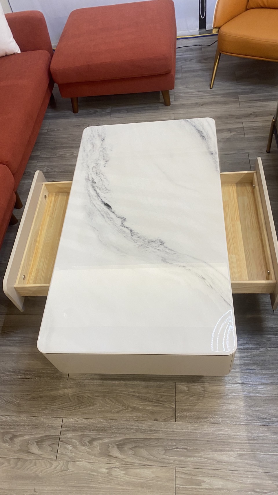 對抽長方形白色大理石茶几