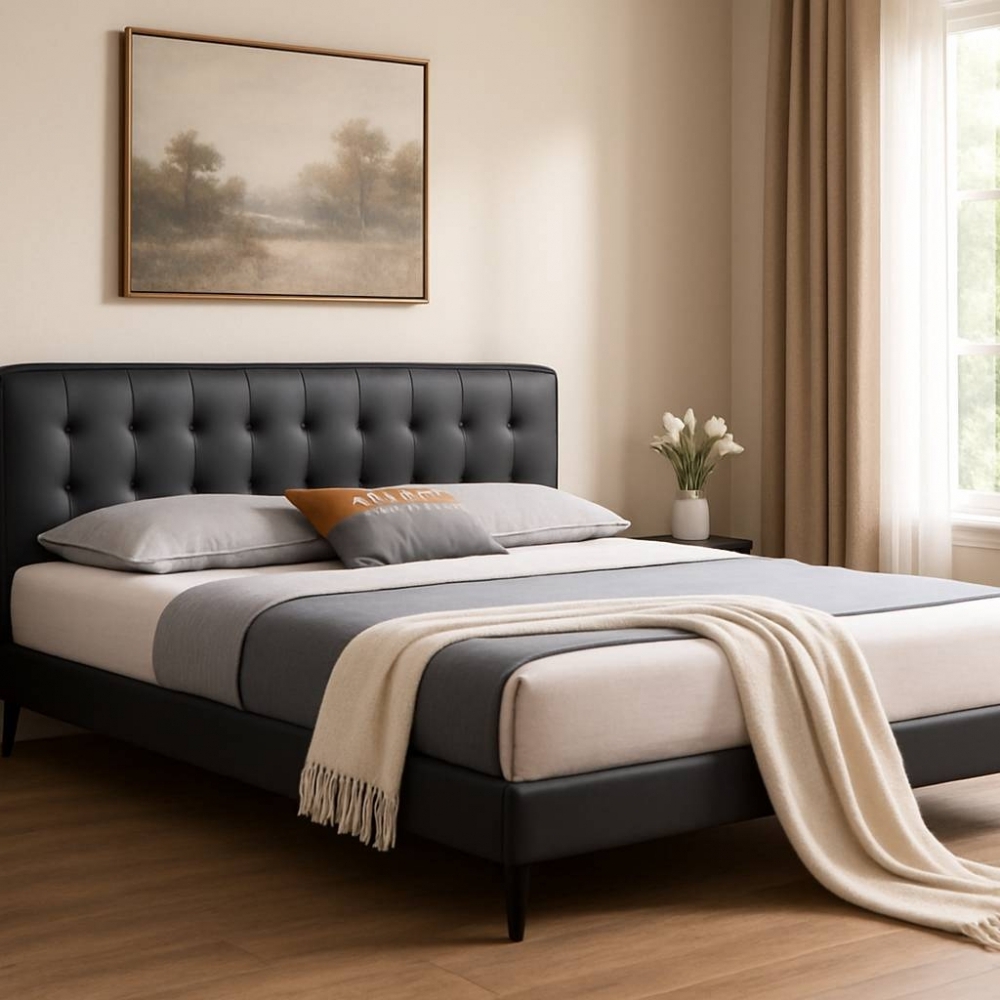 極簡黑色waffle雙人加大真皮床