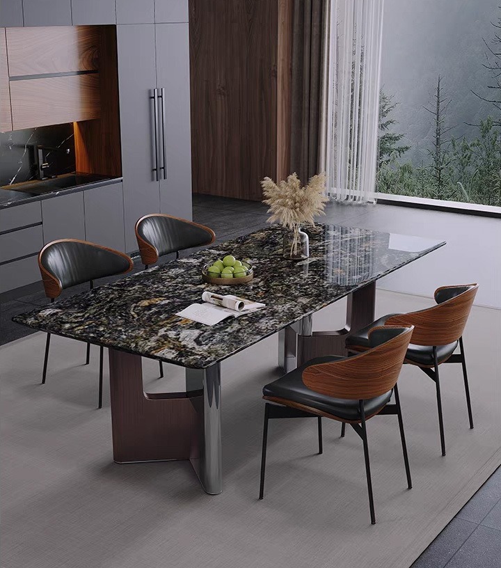 愛麗絲傢俱-鉑金鑽天然奢石餐桌搭配現代輕奢餐椅空間展示