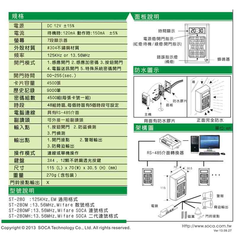 ST-280 不銹鋼感應式讀卡機(連線型)