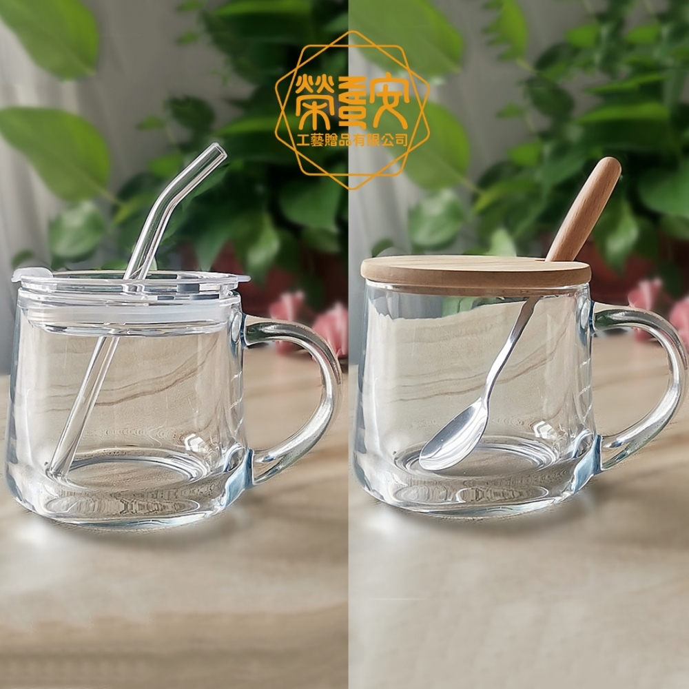 【來圖訂製｜LOGO印刷】帶蓋玻璃馬克杯｜可愛圖案帶把玻璃杯