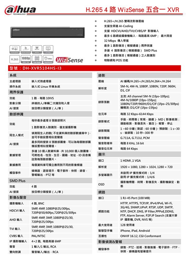 中國大華主機頂規200萬4台監視器含安裝特惠方案