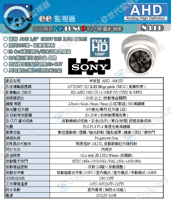 606 半球型 監視器 SONY 單一輸出 AHD 系統 300萬鏡頭 攝影機 外觀大方 好安裝