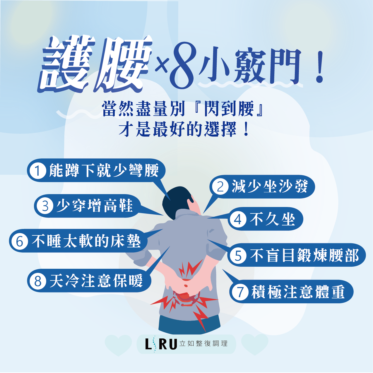 護腰x8小竅門! 當然盡量別『閃到腰』 才是最好的選擇! ❶能蹲下就少彎腰 ❷減少坐沙發 ❸少穿增高鞋 ❹不久坐 ❺不盲目鍛煉腰部 ❻不睡太軟的床墊 ❼積極注意體重 ❽天冷注意保暖 ❤️腰是身體的「中流砥柱」❤️ 8️⃣個護腰小竅門 有助於改善腰部的使用