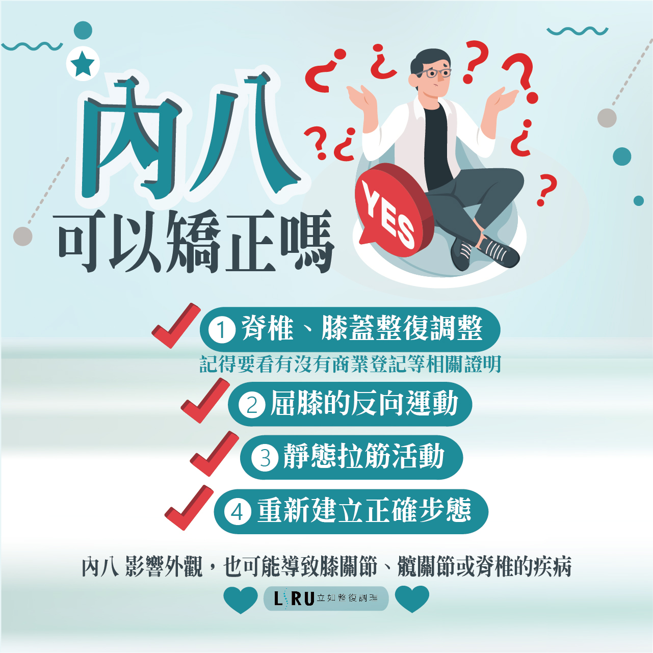 內八,通常膝蓋會變形而影響,路行,跑步,站立姿勢,肌肉一側伸展緊繃,另一側收縮緊繃,請記住,以上建議僅供參考,進行任何計劃之前要與專業人士進行詳細討論唷