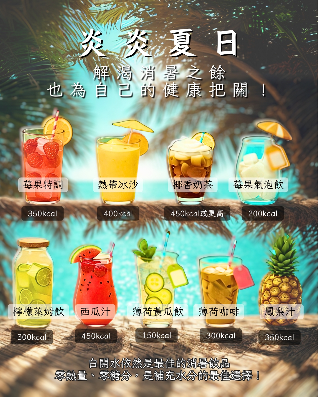 消暑飲品推薦,夏季飲品選擇,低卡飲品推薦,健康飲品排行,水果特調飲品,熱帶冰沙做法,椰香奶茶熱量,氣泡飲品推薦,清爽解渴飲品,夏日健康飲品