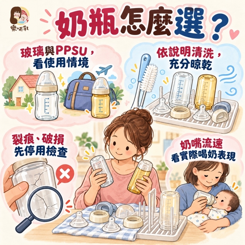 奶瓶怎麼選？玻璃與PPSU的使用情境、清潔與更換重點重點圖卡