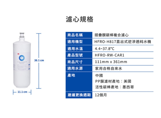 【3M】HFRO CAR1 摺疊膜碳棒複合濾心