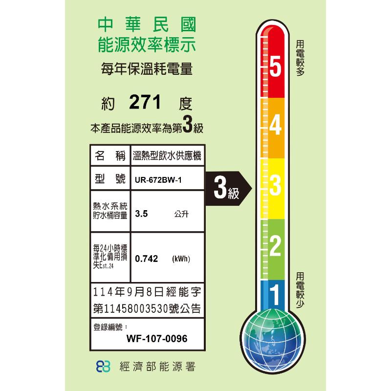 賀眾牌 UR-672BW-1 智能型微電腦桌上純水飲水機 [溫熱]#
