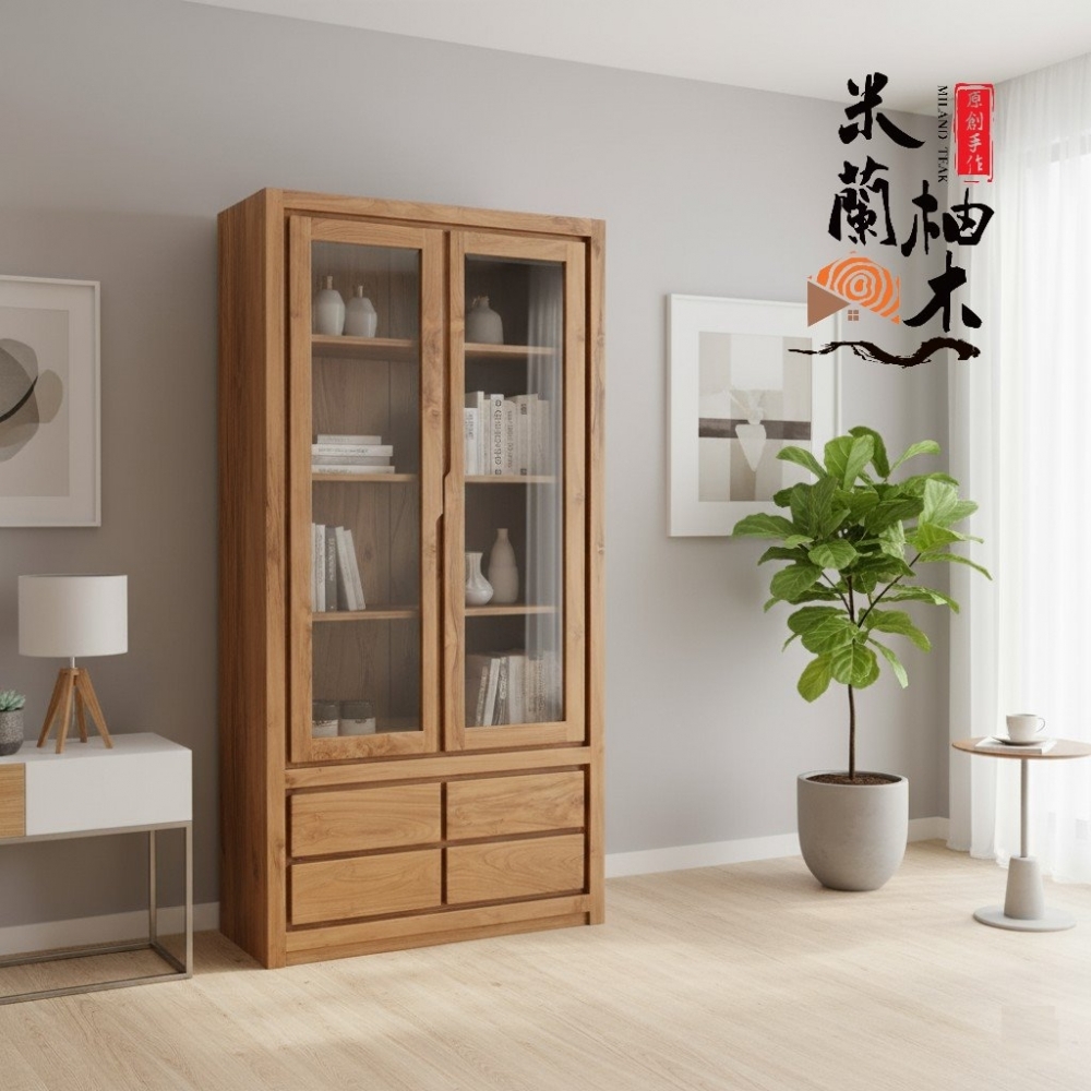 全新現代款柚木書櫃、展示櫃、收納櫃 - 兩門、四抽