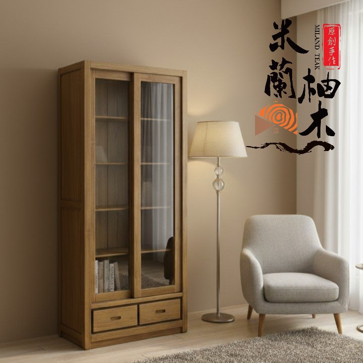全柚木書櫃、展示櫃、收納櫃 - 厚料、滑門、二抽