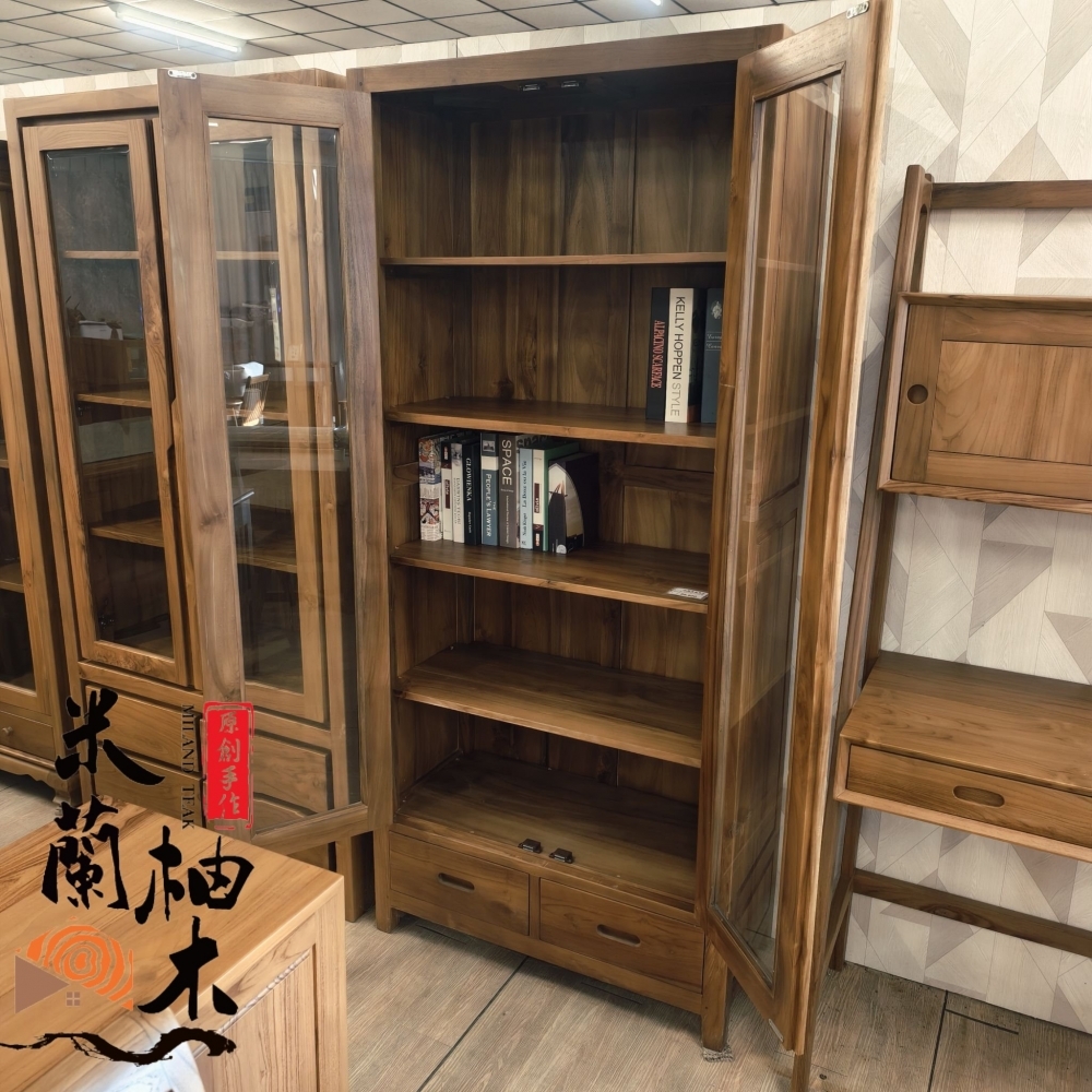 全柚木書櫃、展示櫃、收納櫃 - 厚料、兩門、二抽
