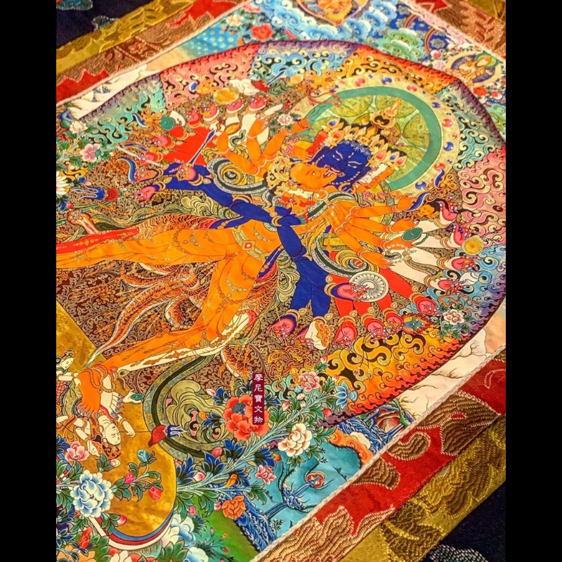 尼泊爾 莊嚴錦緞龍布 威猛尊 時輪金剛 彩繪金唐卡