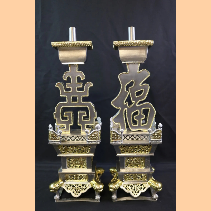 正錫製福壽燭台 一尺三【錫燭台/燭台/錫燭/蠟燭座/錫器/擺宴/宴王/祀宴/純手工/雙色/安金】