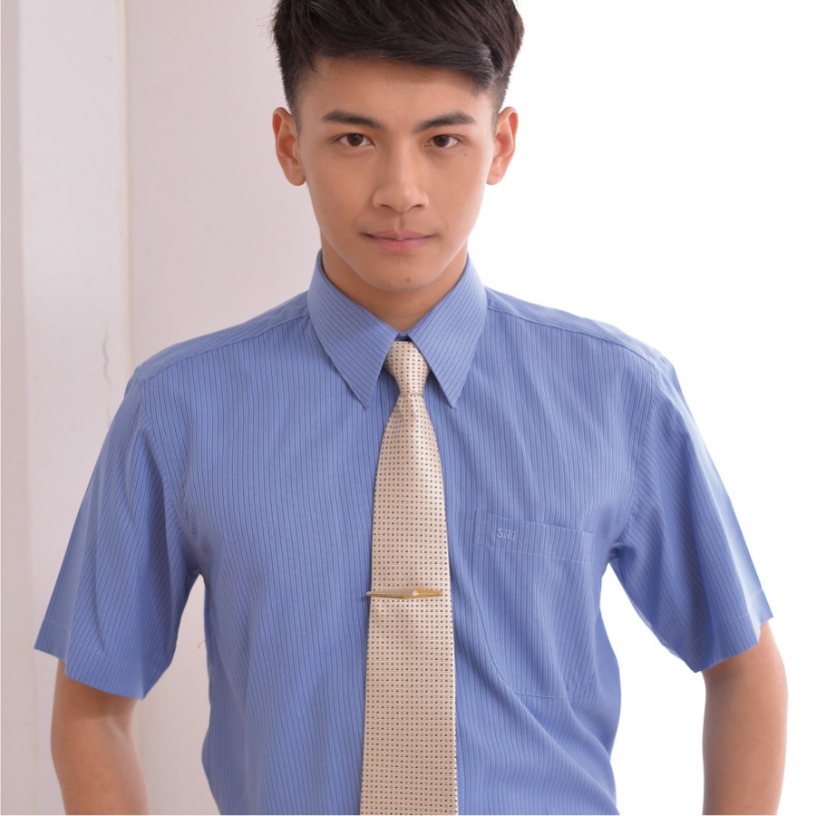 寶藍色條紋短袖男襯衫