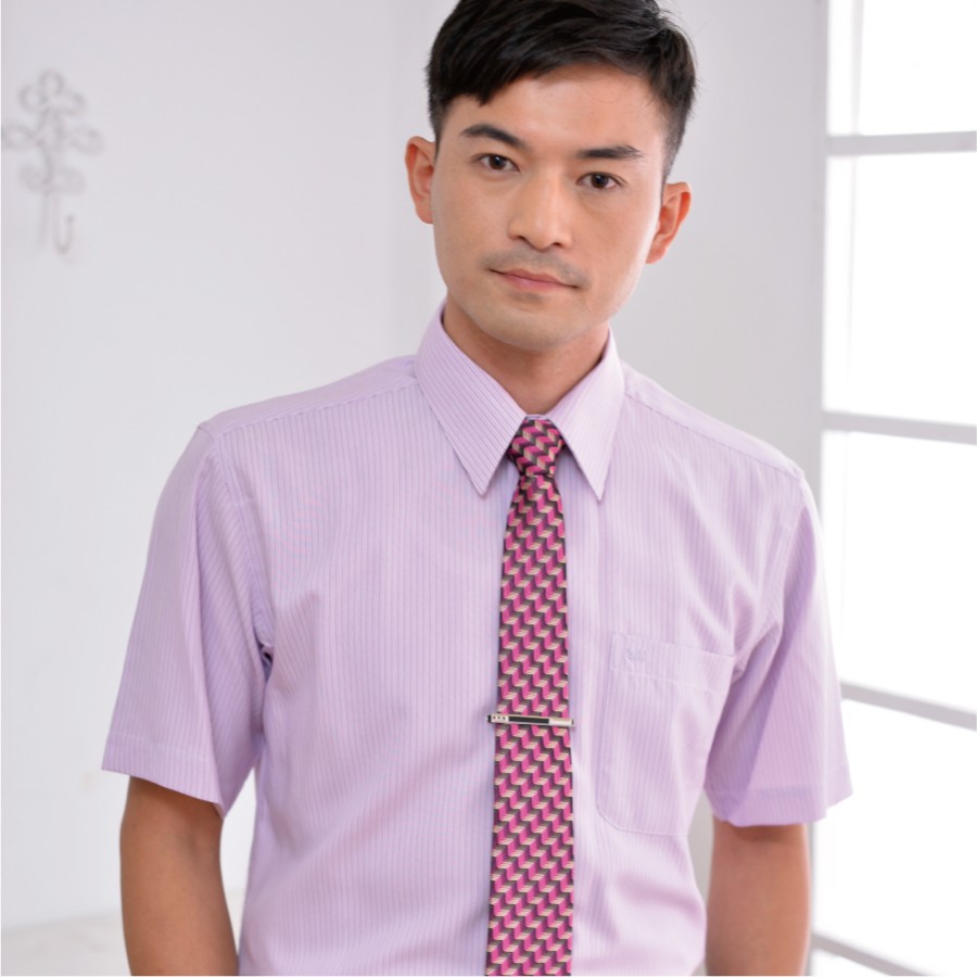 粉紫色條紋短袖男襯衫