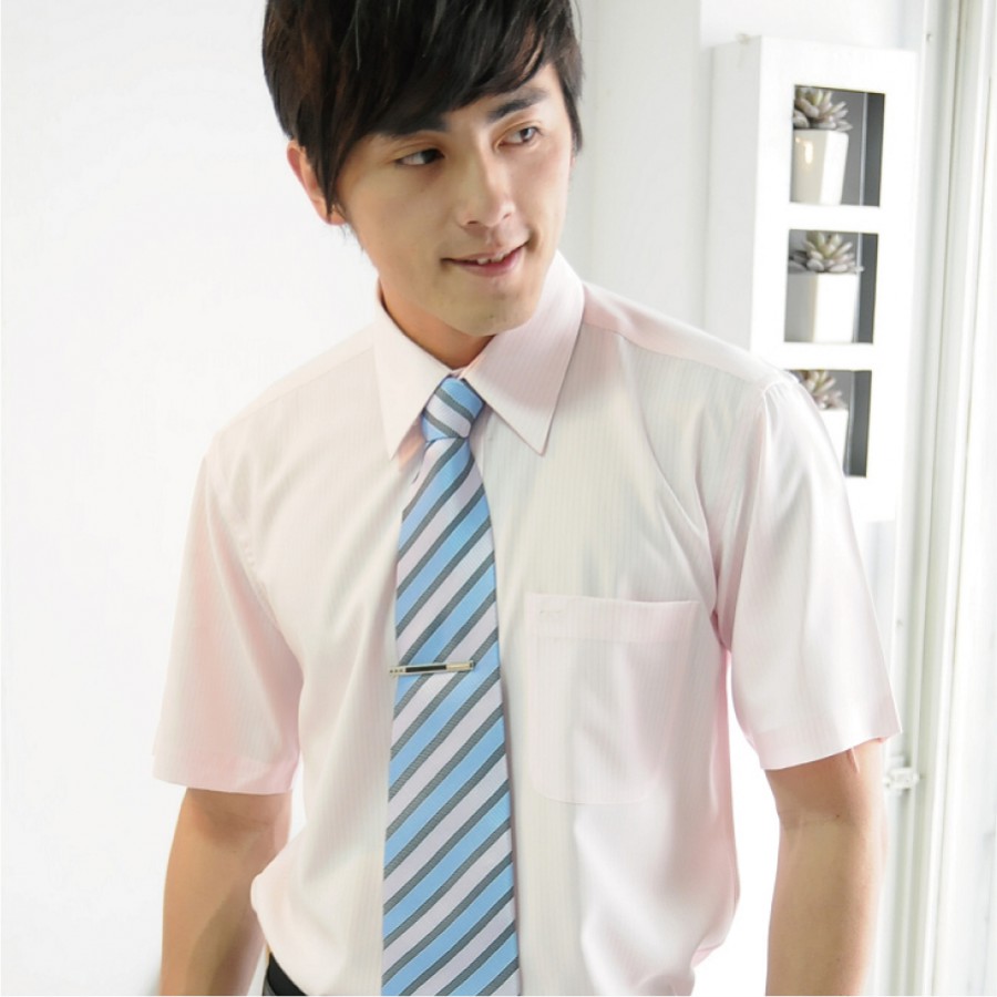淺粉紅條紋短袖男襯衫