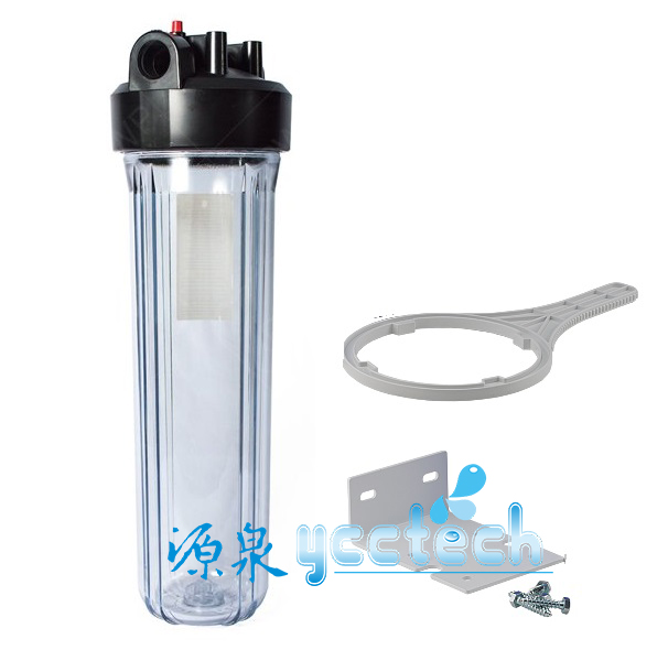 台製20英吋單道大胖透明濾殼水塔過濾器淨化設備含L型吊片+不鏽鋼螺絲包+換濾心把手一支(透明進出口徑