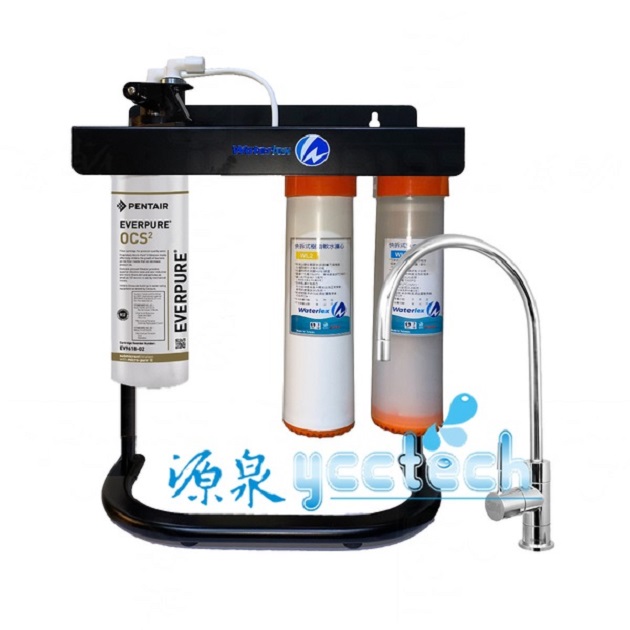 源泉三道式5微米PP+食品級樹脂軟水+NSF認證鵝頭+腳架搭載愛惠浦 O series全效系列淨水設